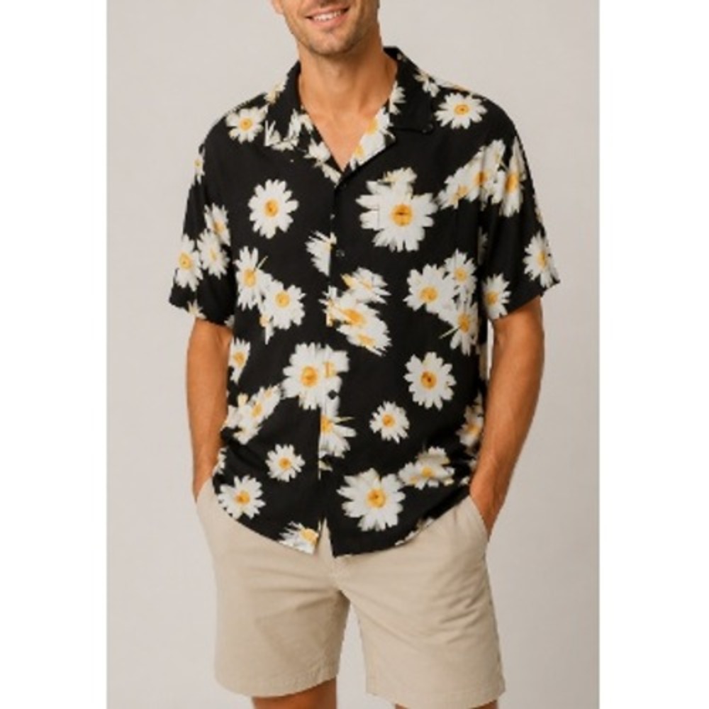 Brooklyn Cloth Men's Black Blurred Daisy Floral Short Sleeves Shirt Size L